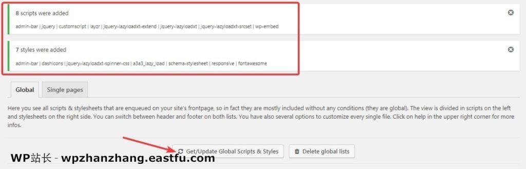 WordPress 速度优化的完整指南 75 按“获取/更新全局脚本/样式”按钮以获取所有排队脚本的列表。
