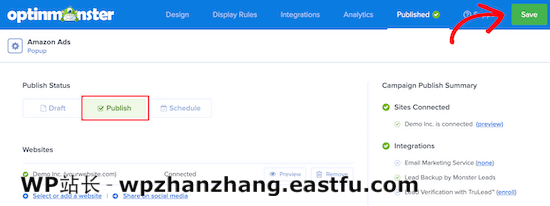 发布 OptinMonster 弹出窗口 Publish OptinMonster popup