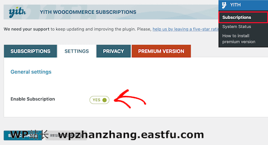 启用 YITH WooCommerce 订阅设置 Enable YITH WooCommerce subscription setting