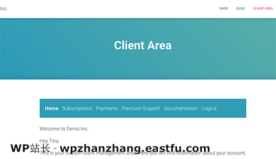 在 WordPress 中创建的客户区示例 Example of a client area created in WordPress