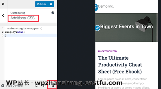 添加自定义 CSS 以隐藏完整菜单 Adding custom CSS to hide complete menu