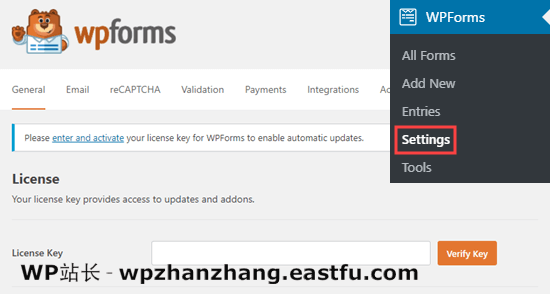 在您的网站上输入您的 WPForms 许可证密钥 Entering your WPForms license key on your site