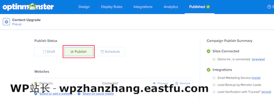 发布 OptinMonster 弹出窗口 Publish OptinMonster popup